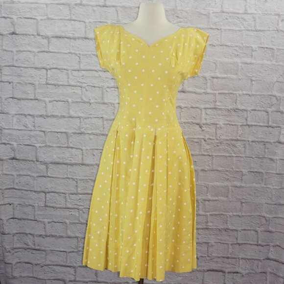 Vintage 50s Yellow Polkadot Pleated Swing Dress